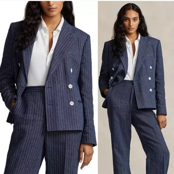 New.Polo Ralph Lauren Pinstripe Double Breasted Linen Blazer NWT Size 2 - Picture 1 of 6